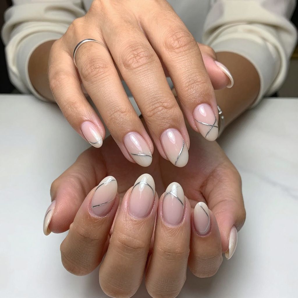 Clear Aura Nails with Minimalist Silver Lines