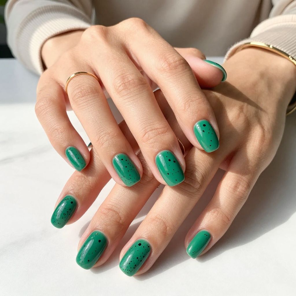 Glossy Emerald Nails with Black Speckled Effect
