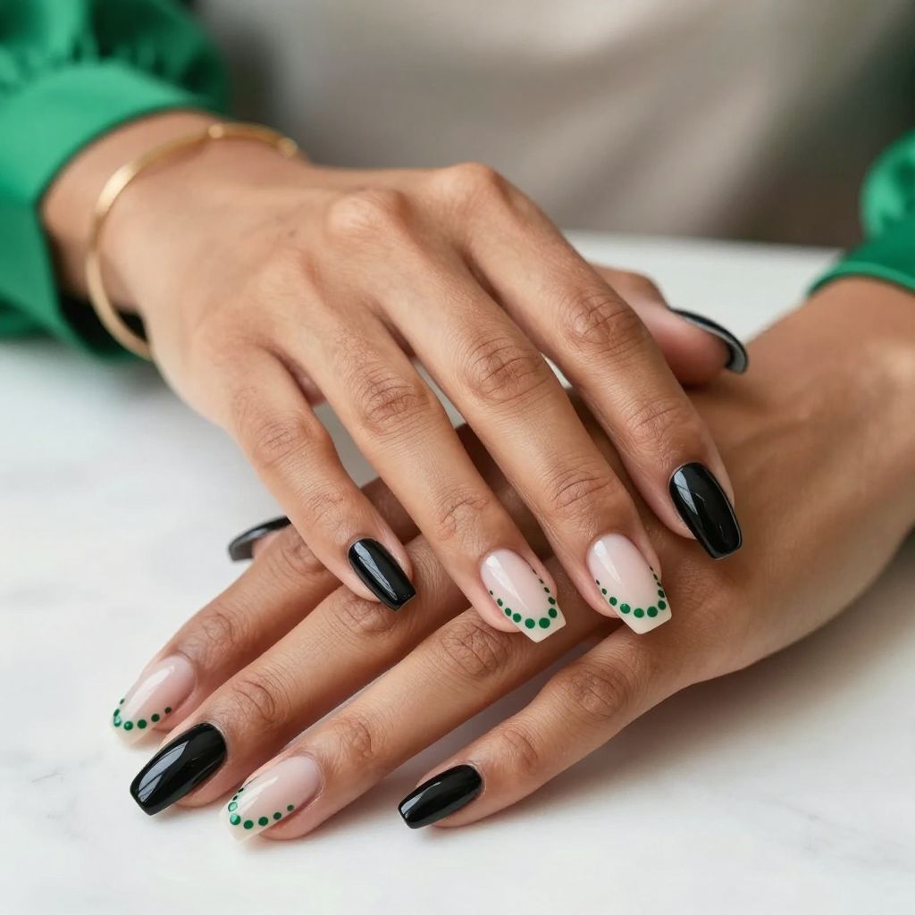 Black Mirror Nails with Dark Green Dotted French Tips