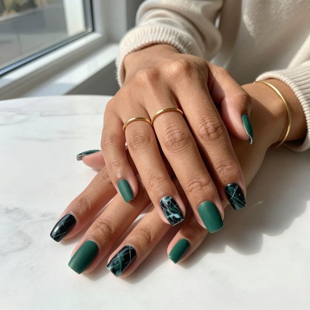 Dark Green Satin Nails with Black Marble Accents