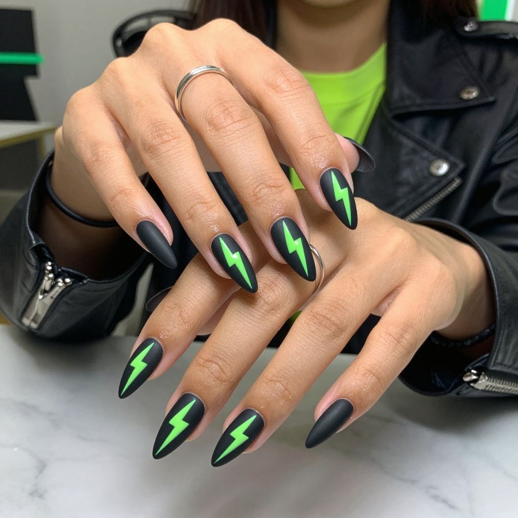 Black Satin Base with Glossy Neon Green Lightning Bolts