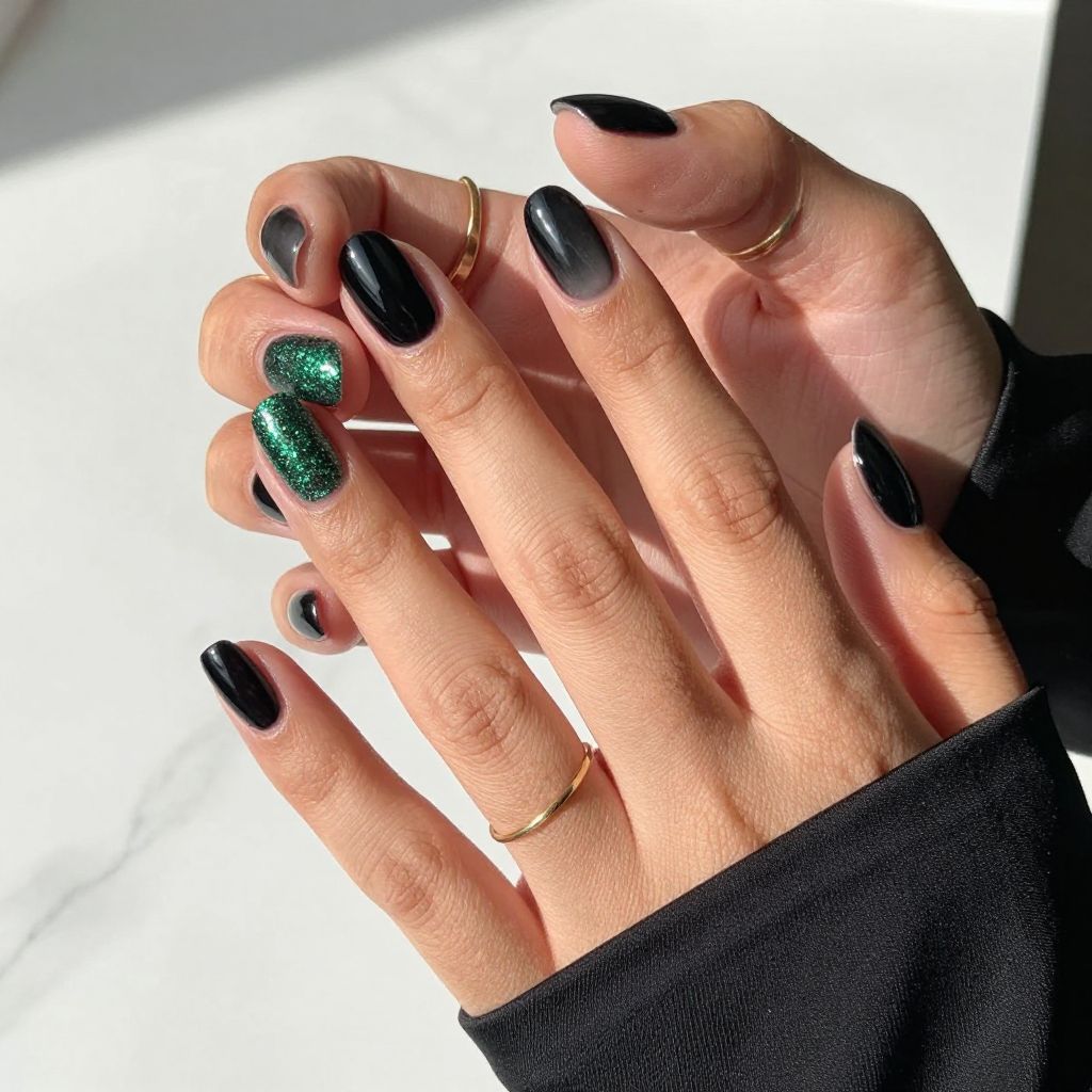 Glossy Black with Ombre Green Glitter Accent