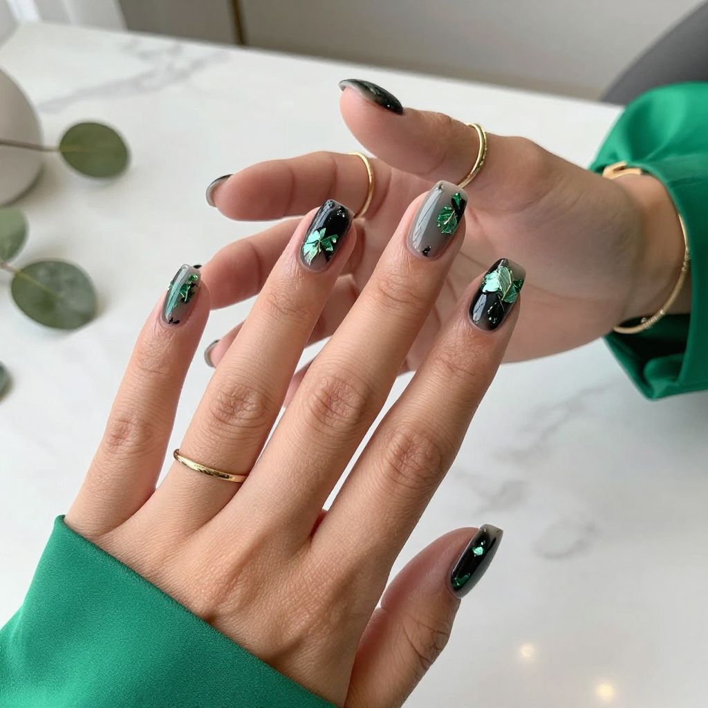 Black Jelly Nails with Leafy Green Foil Pieces