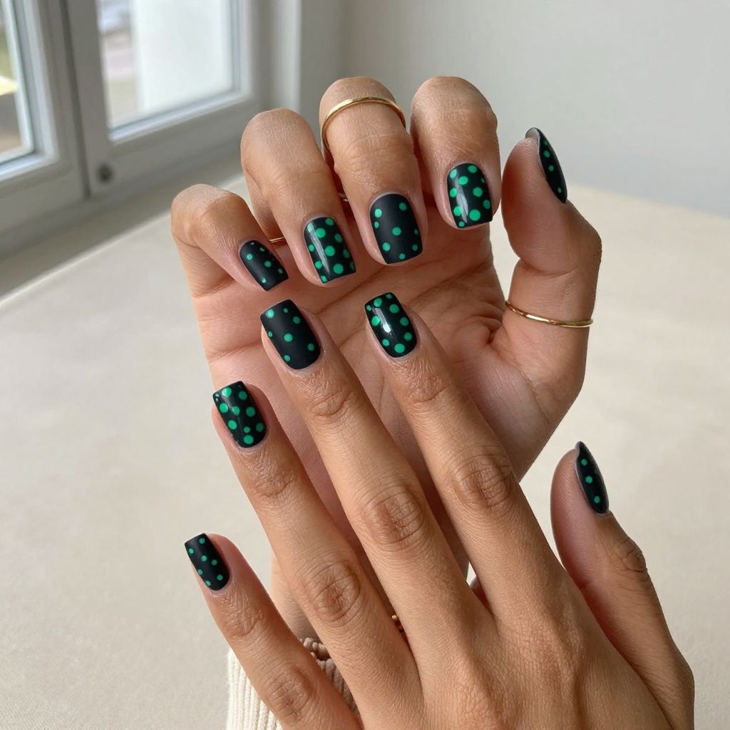Matte Black Base with Glossy Green Polka Dots