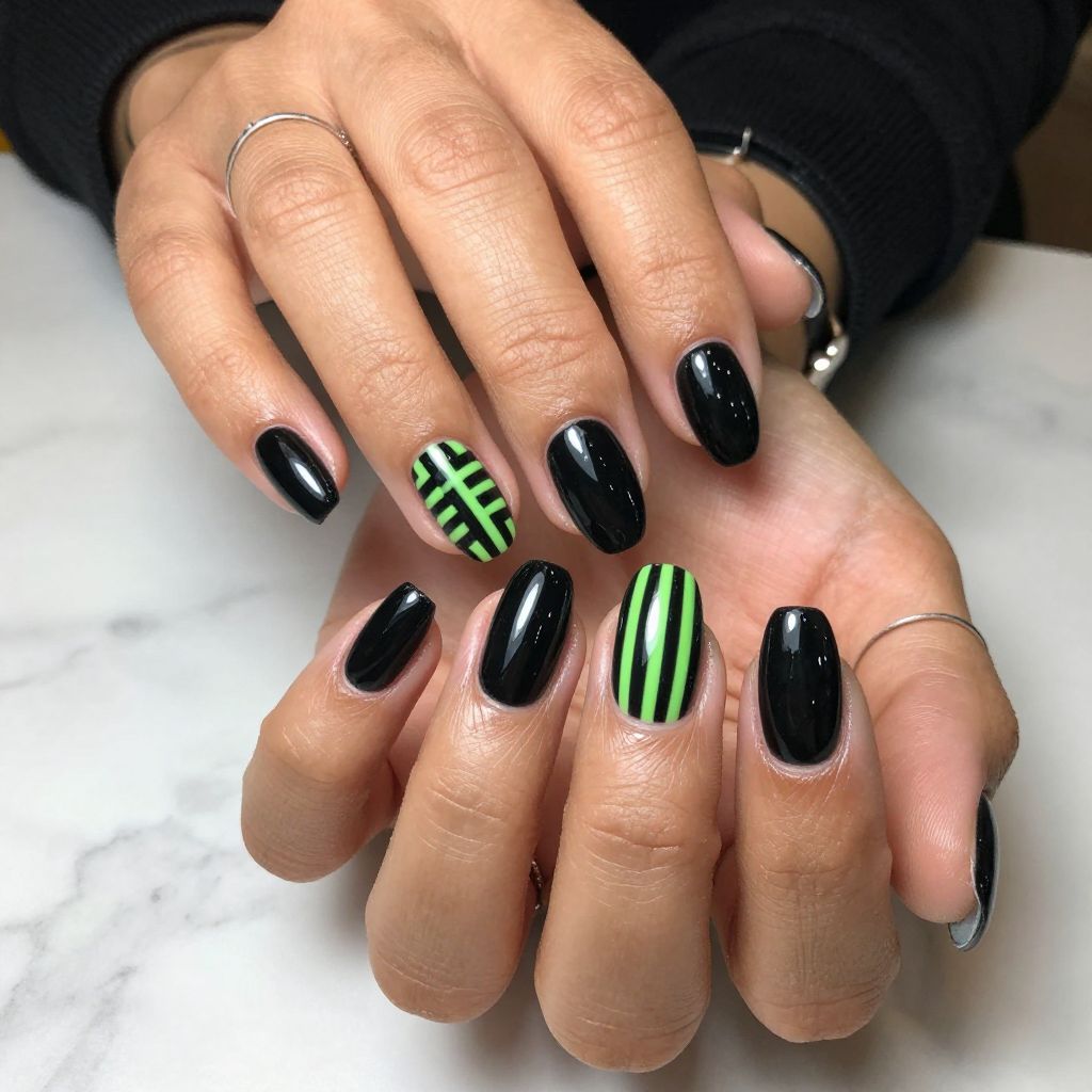 Glossy Black with Striped Neon Green Accent Nail
