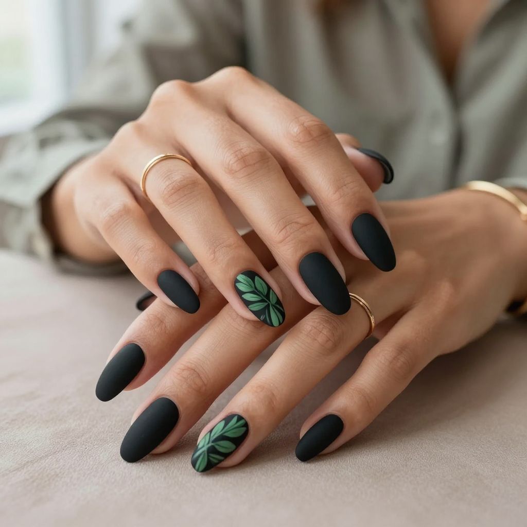 Matte Black with Green Leaf Nail Art