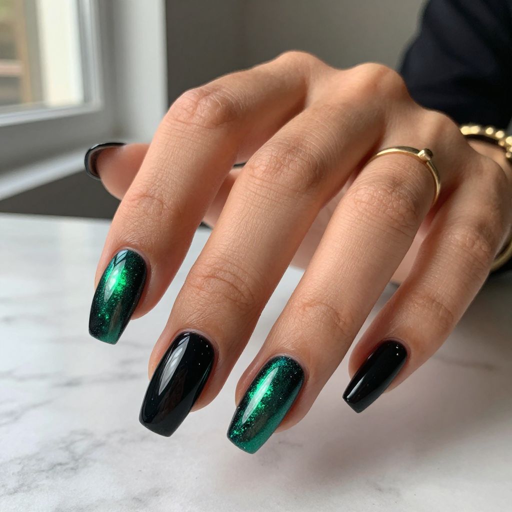 Jet Black Nails with Iridescent Green Foil Tips