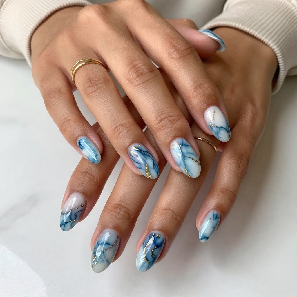 Blue Marble with Gold Veins nails