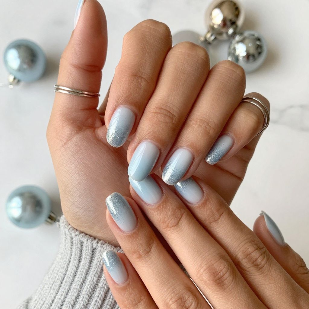 Soft Blue Glitter Fade nails