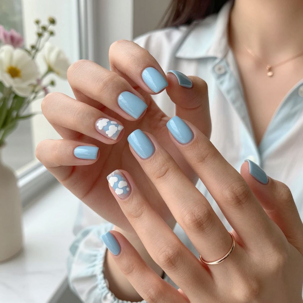 Baby Blue with Cloud Accent Nails