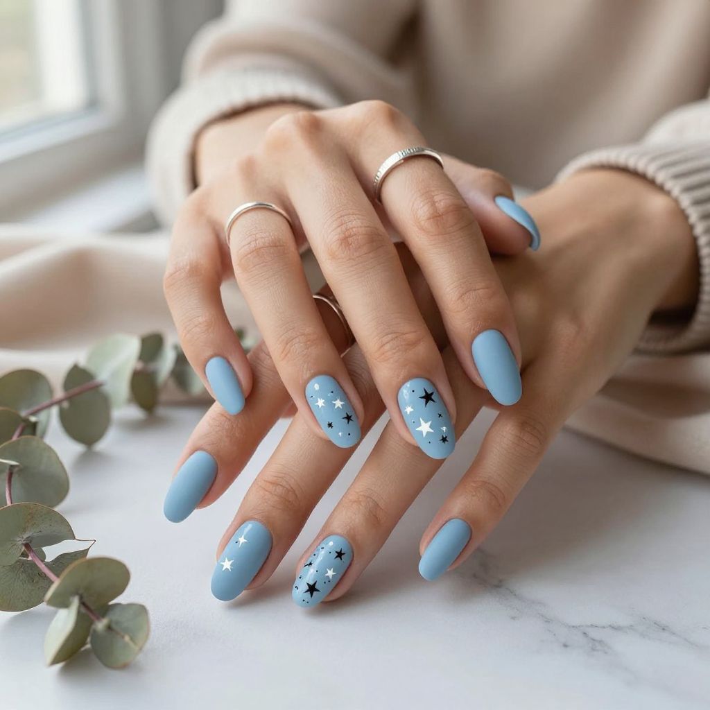 Celestial Blue Stars Accent nails
