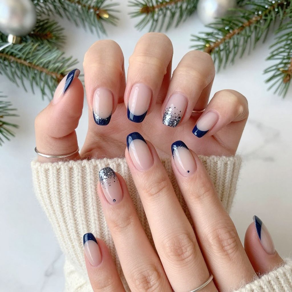 Navy and Silver Speckled French Tips