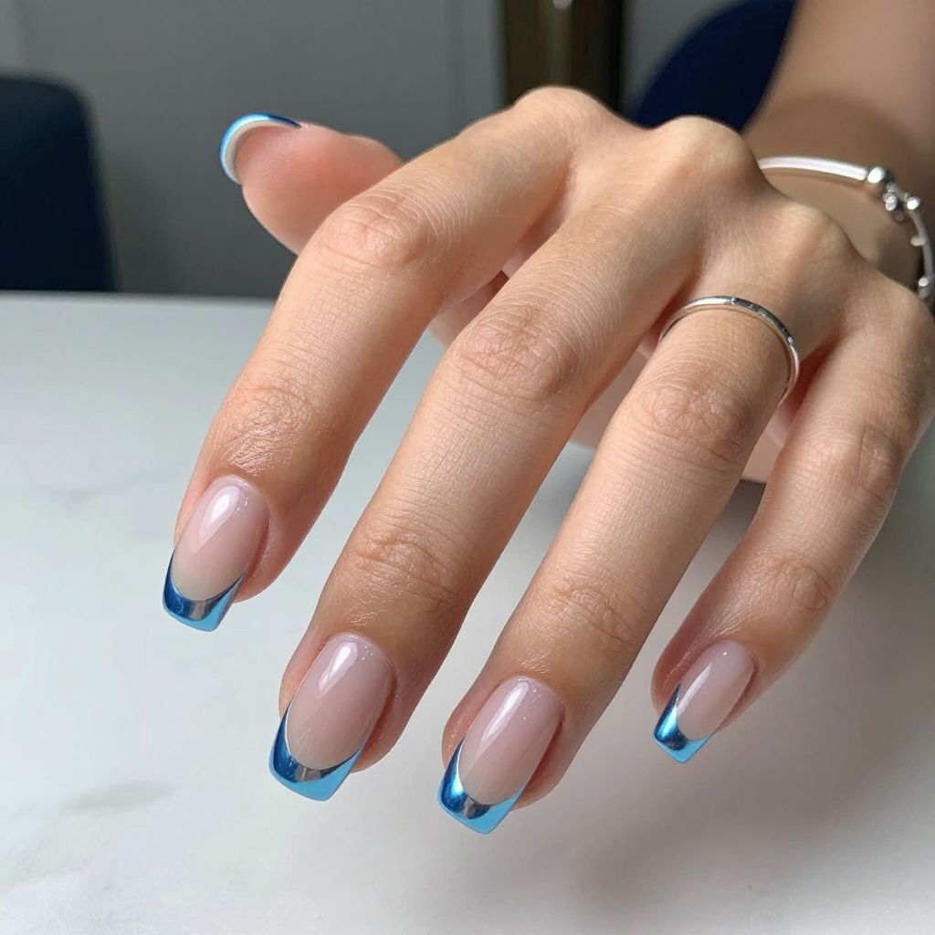 Ice Blue Chrome Tips on Clear Nails