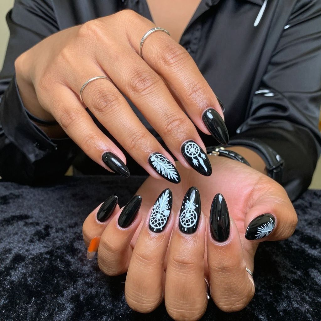 Glossy Black Base with White Dreamcatcher Art