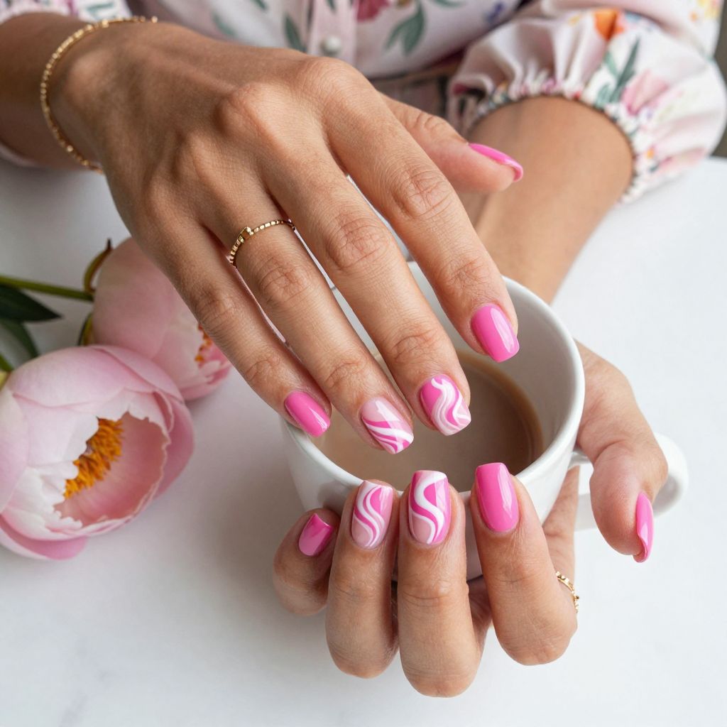 Hot Pink Swirl Art on Short Nails