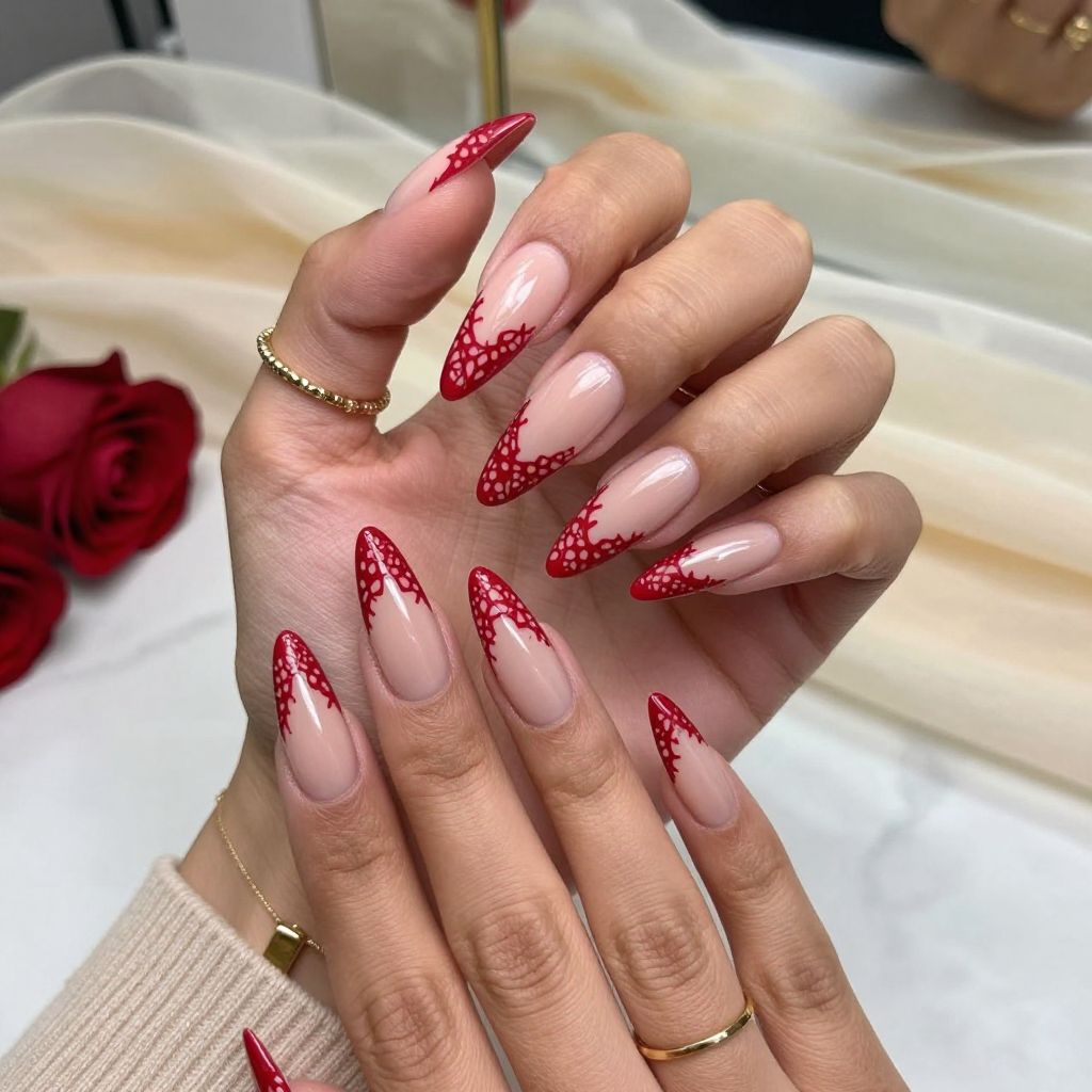 Red Lace Design on Nude Base