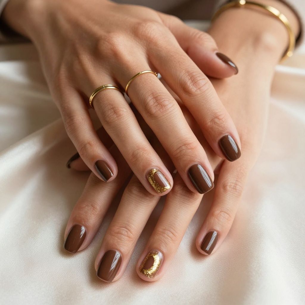 Glossy Espresso Brown with Gold Glitter Crescent Moon