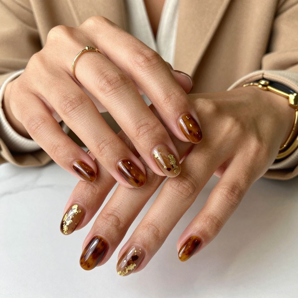 Tortoise Shell Inspired Brown and Gold Nails