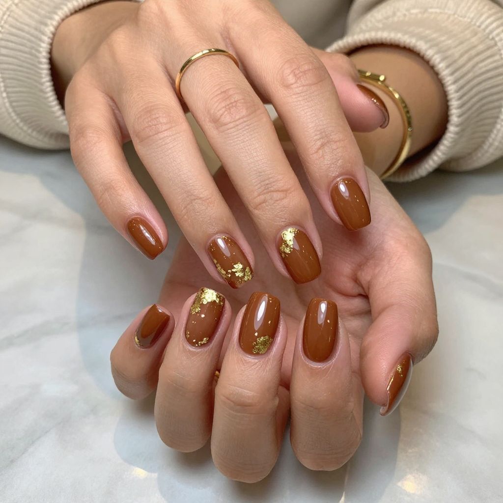 Golden Leaf Embellished Brown Coffin Nails