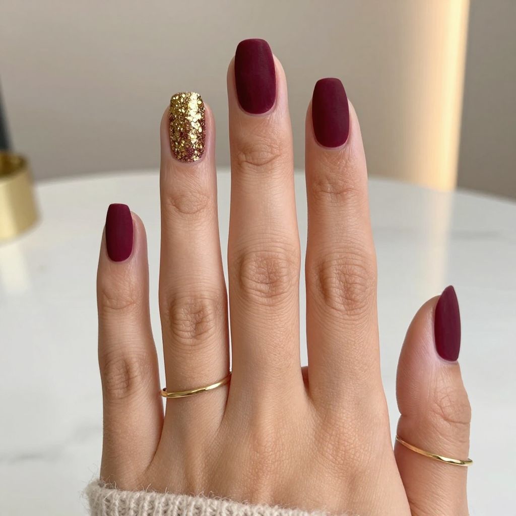 Burgundy Velvet Nails with Gold Glitter Accent