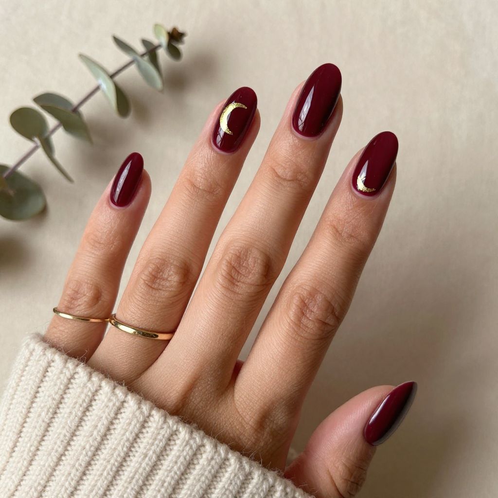 Burgundy Almond Nails with Gold Foil Crescent Moons