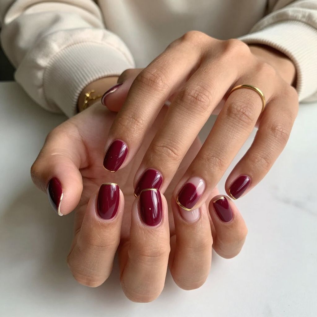 Burgundy Nails with Thin Gold French Tips