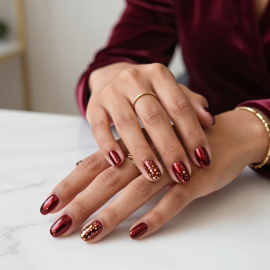 Metallic Burgundy with Gold Confetti Dots