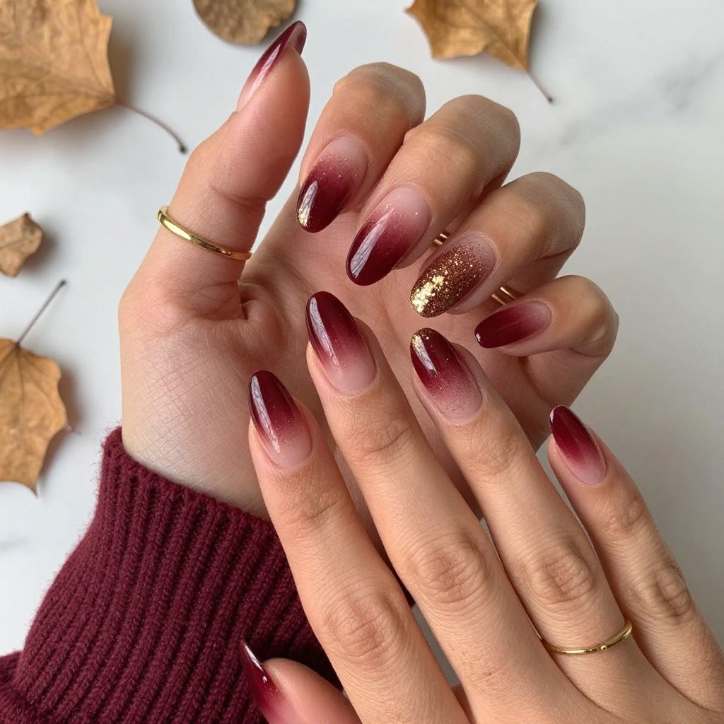 Burgundy Ombre with Gold Glitter Fade