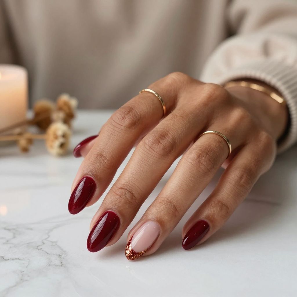 Burgundy French Tips with Gold Glitter Smudges