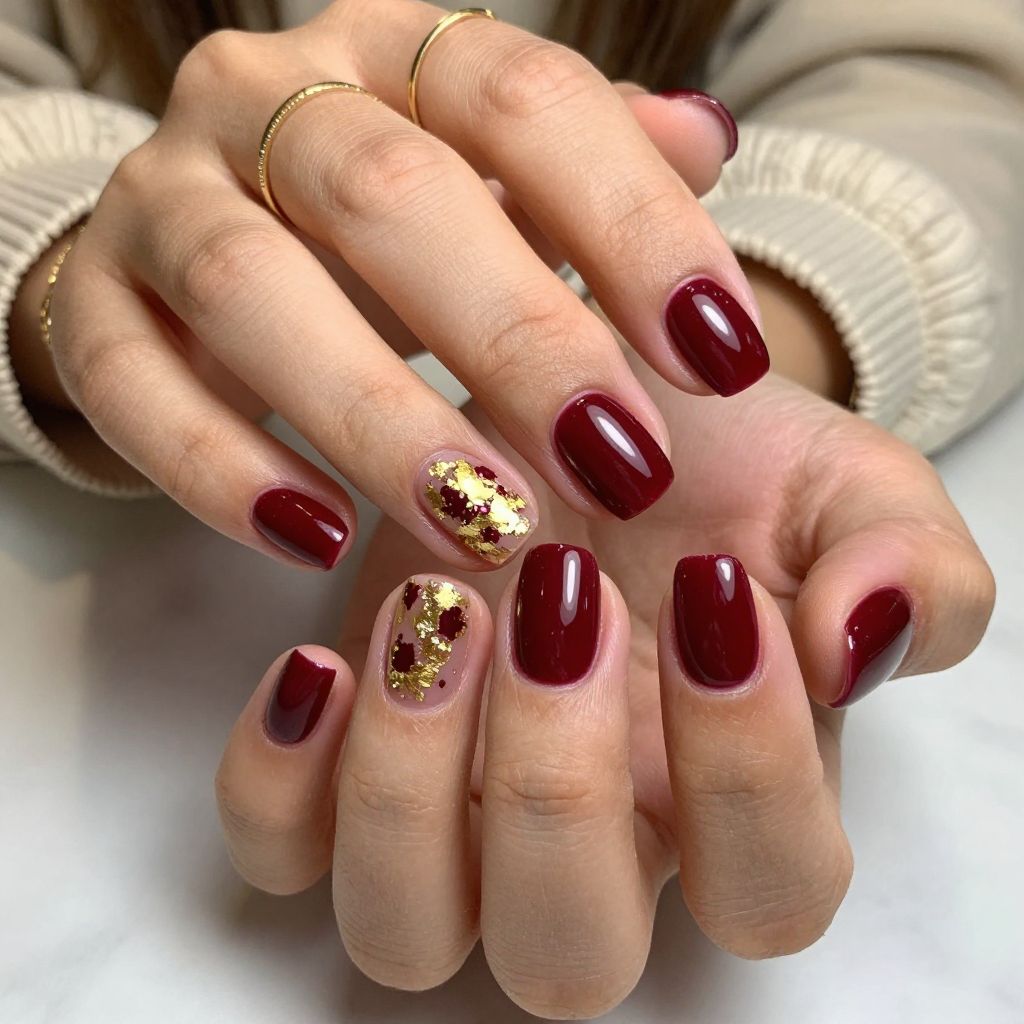 Glossy Burgundy with Gold Leaf Accent Nails