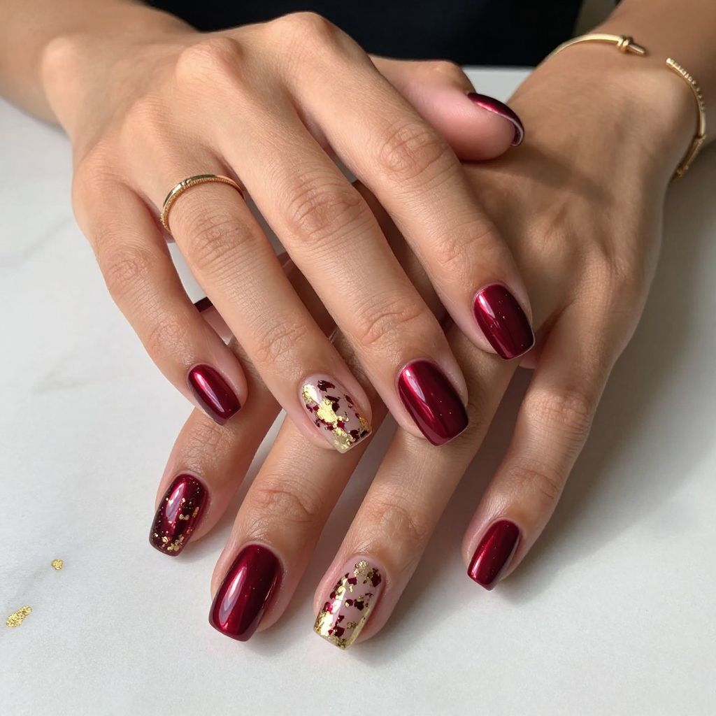 Deep Burgundy Chrome Nails with Gold Leaf Overlay