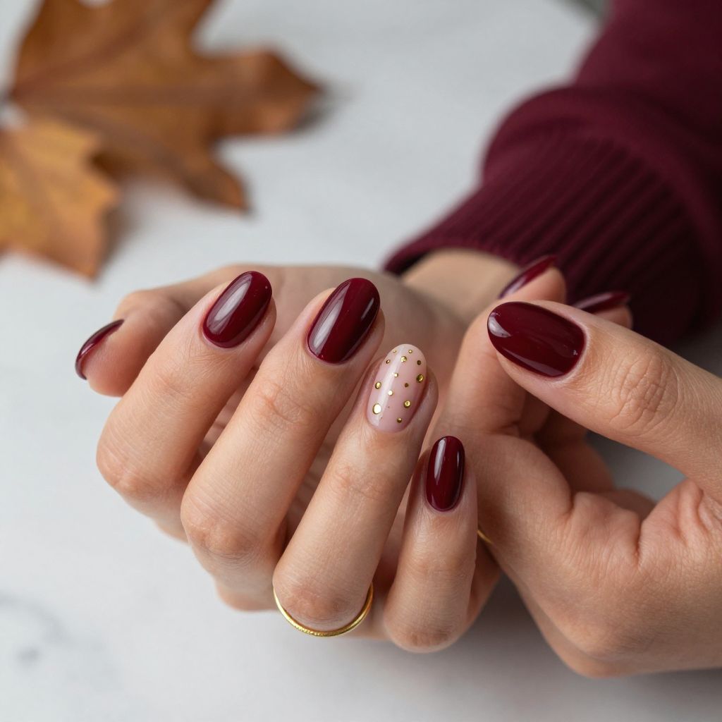 Burgundy Oval Nails with Gold Dot Cluster