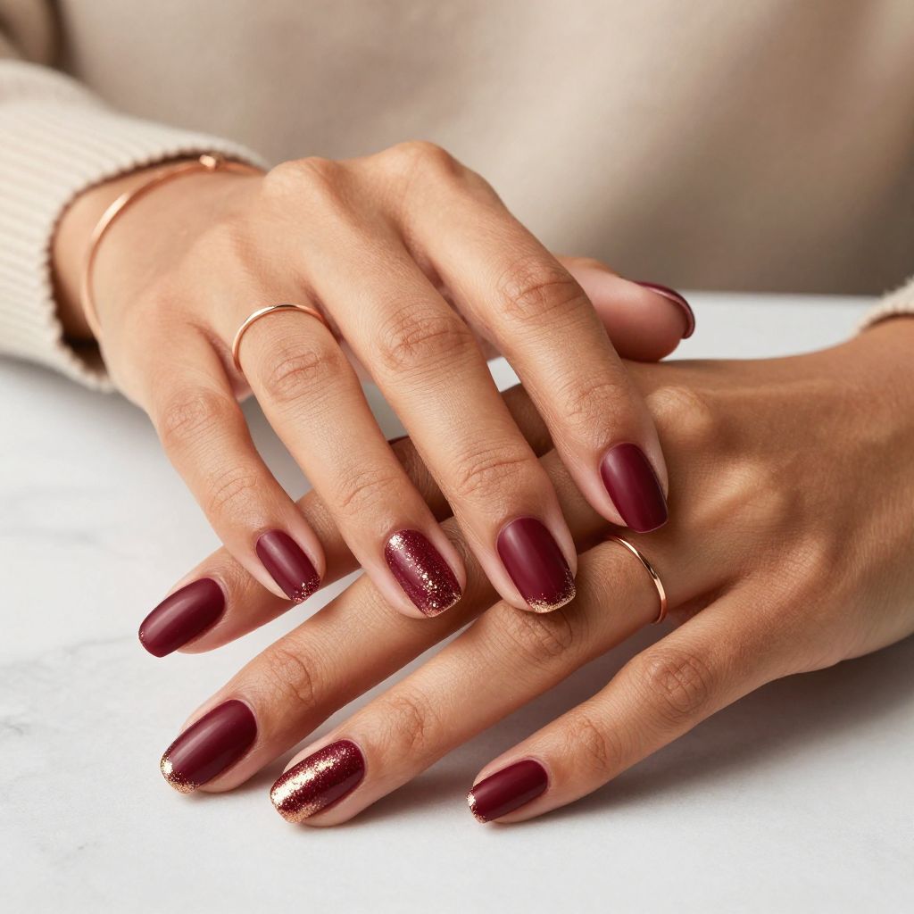 Satin Burgundy with Fine Gold Glitter Tips