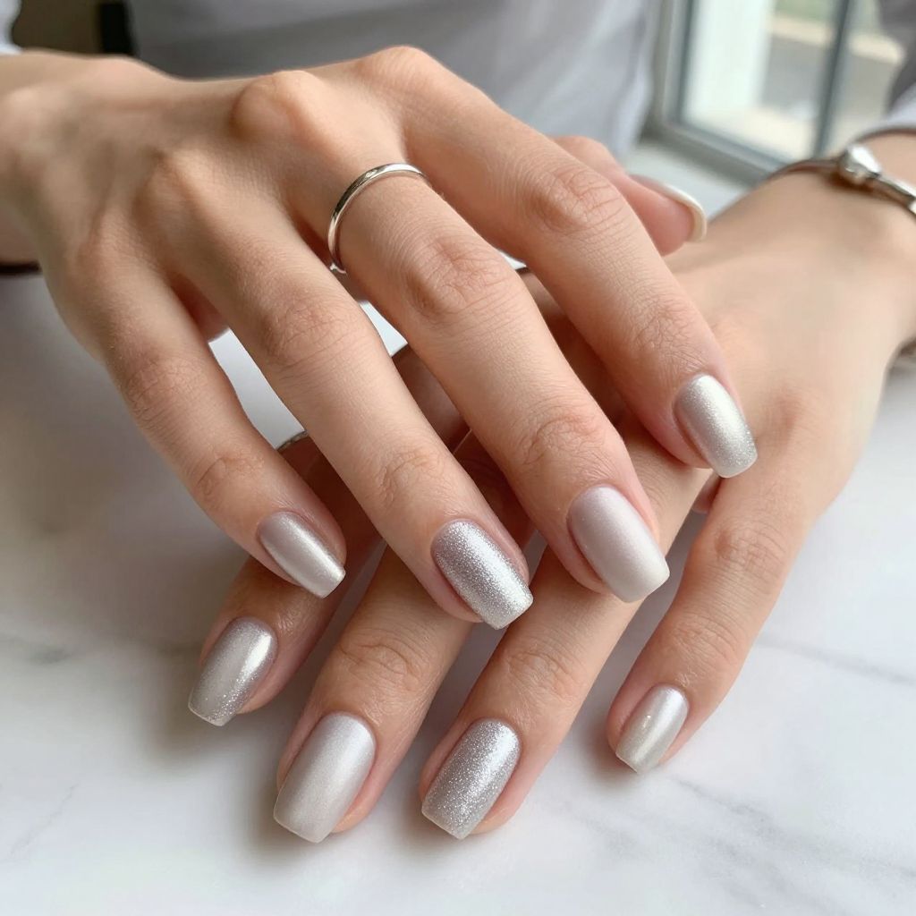 Frosted Champagne Chrome with Silver Glitter Tips