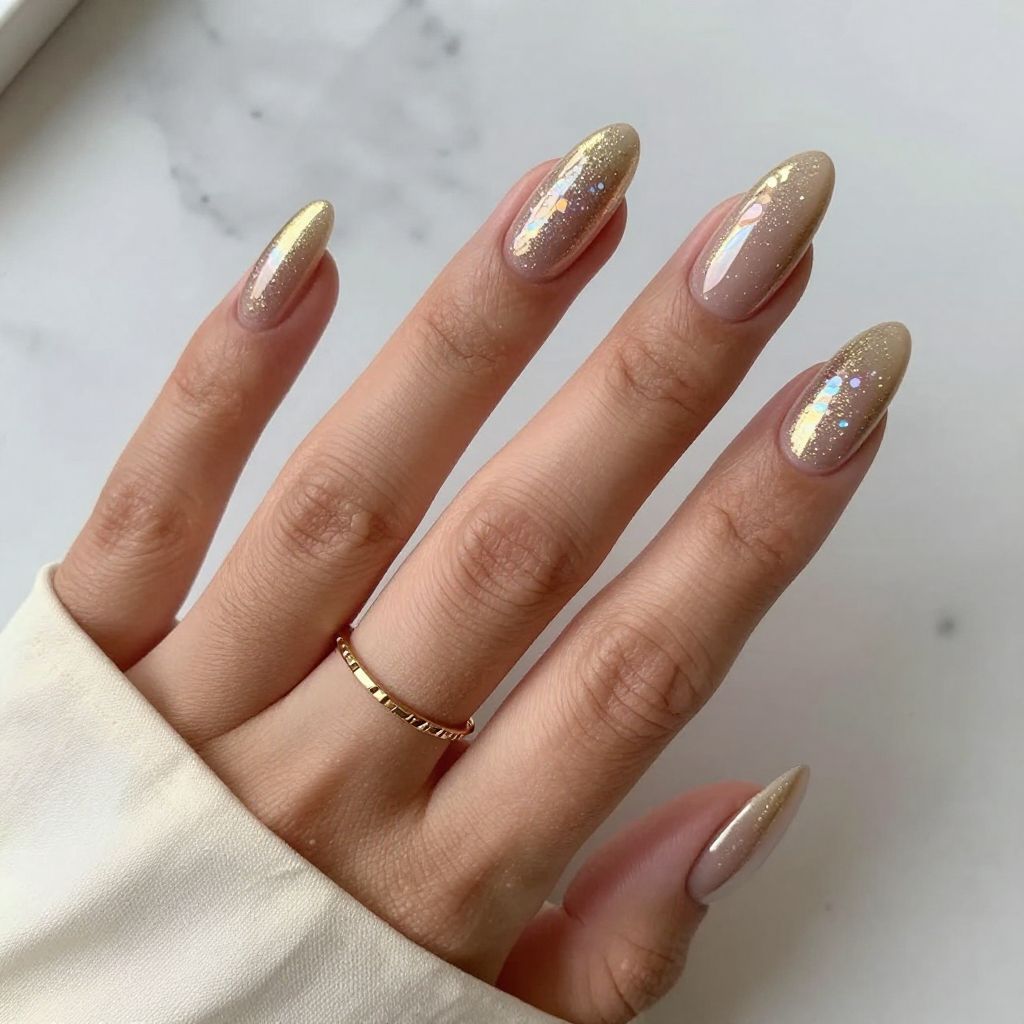 Champagne Chrome Stiletto with Holographic Flakes