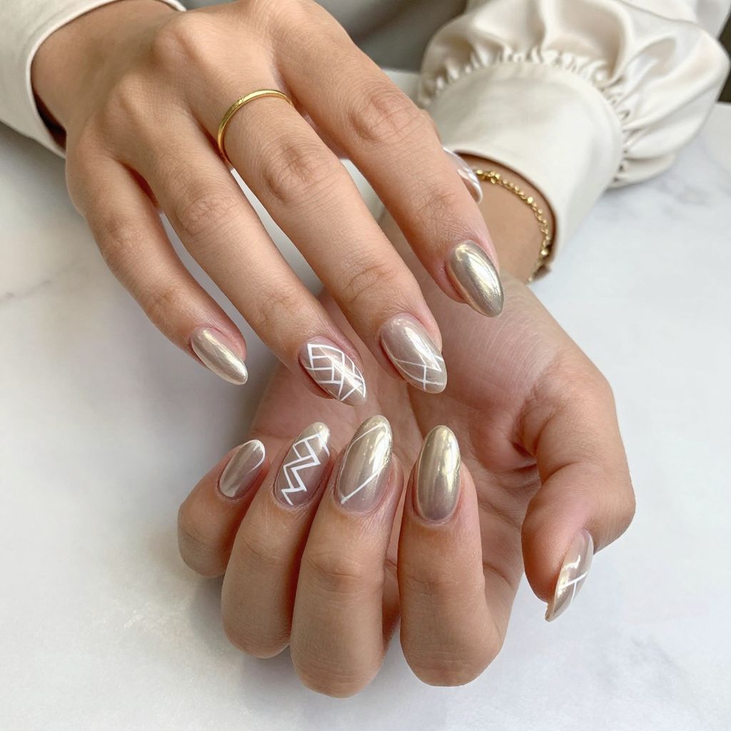 Champagne Chrome with White Geometric Patterns