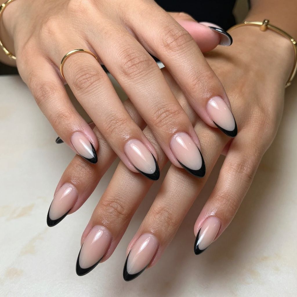 Sheer Beige with Black Outline French Tips