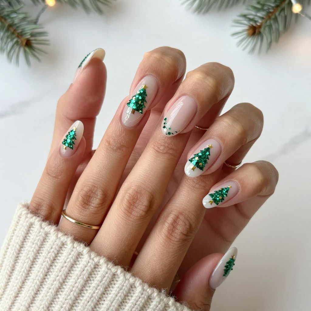 Clear Nails with Floating Glitter Trees