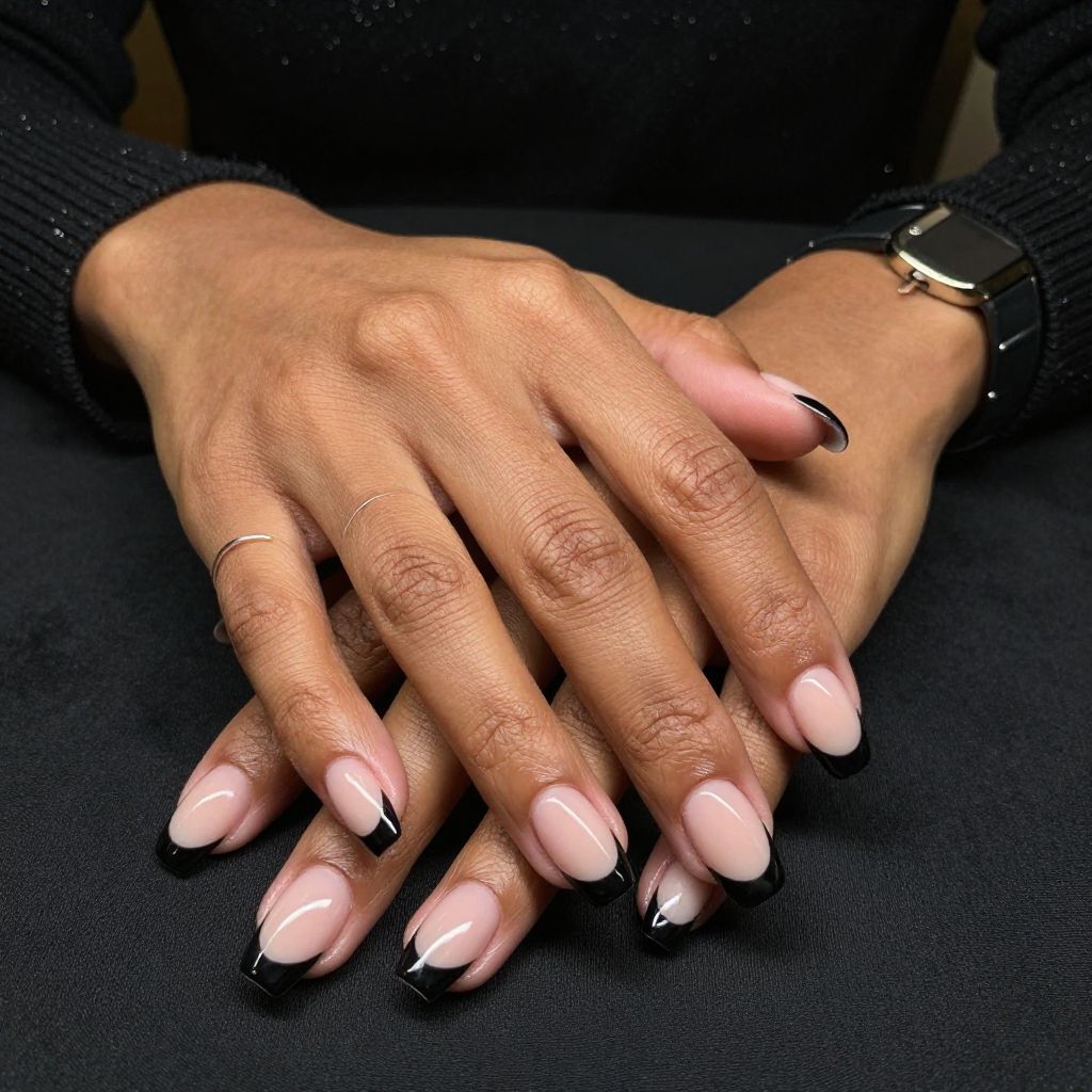 Glossy Black Tip French Nails