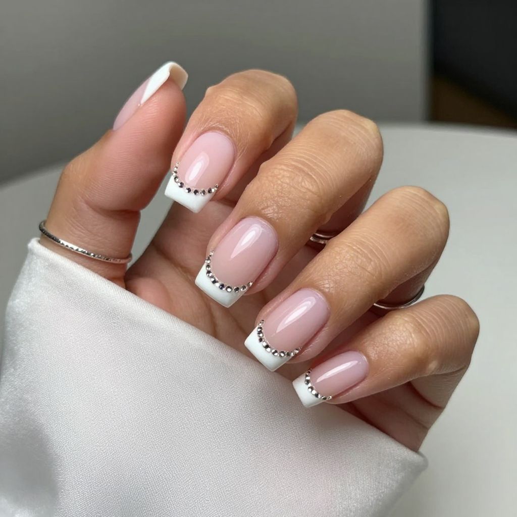 French Tips with Tiny Crystal Accents