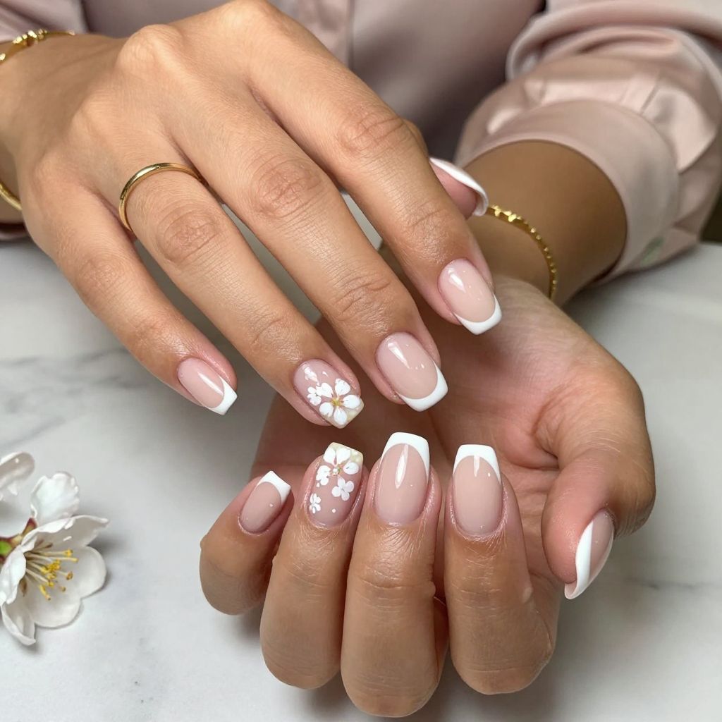 French Tips with Floral Embellishments