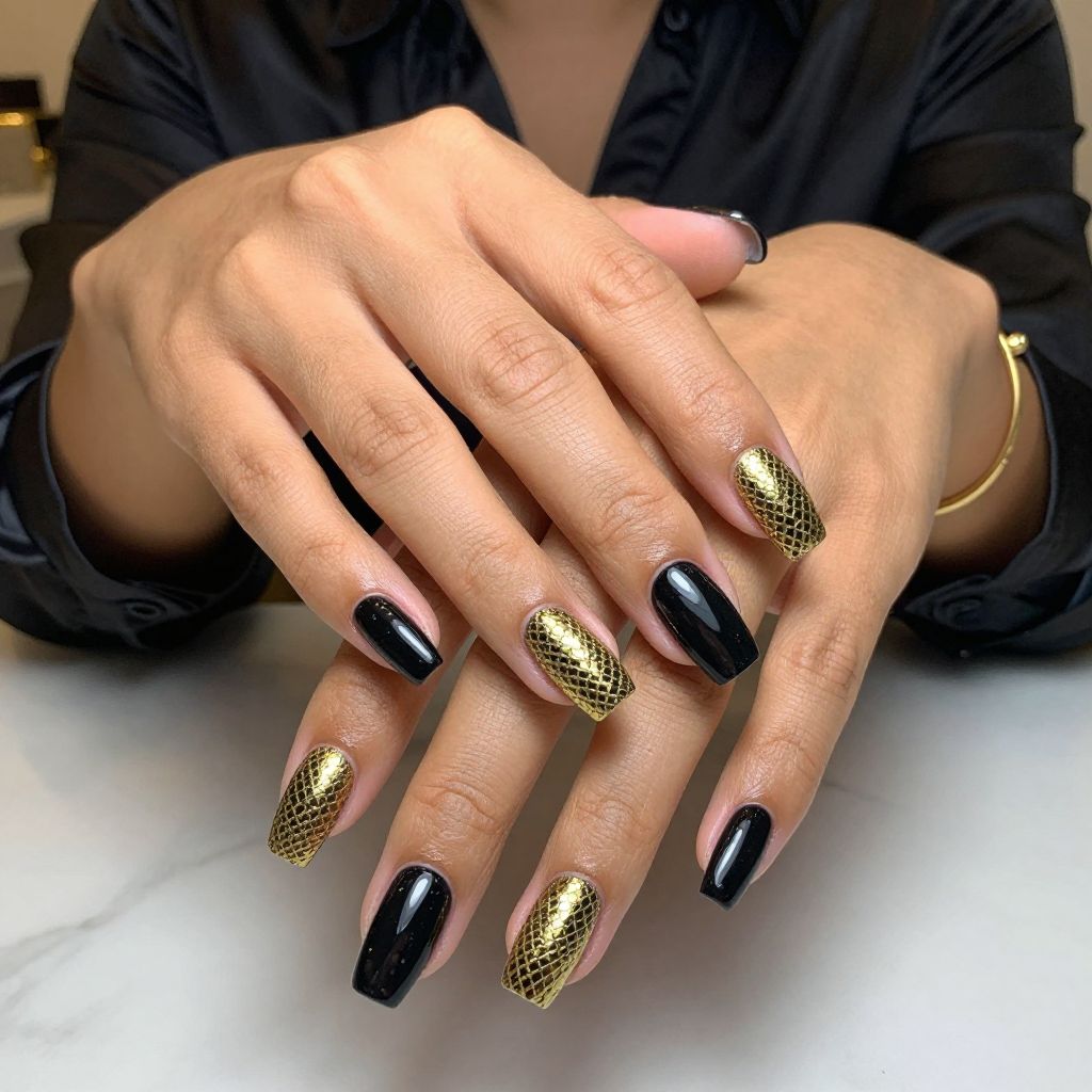 Gold Mesh Overlay on Black Gel Polish