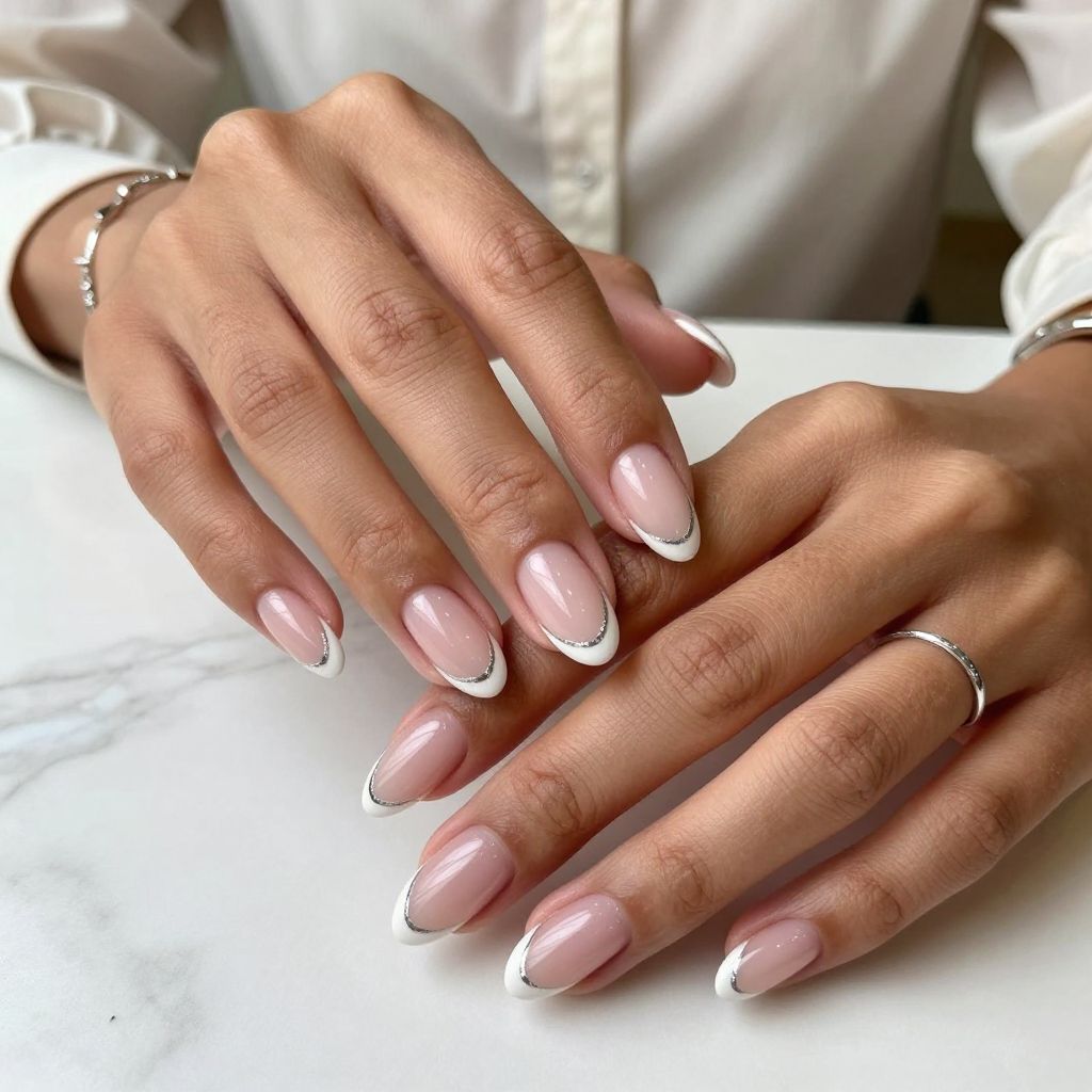 French Tip With a Twist: Silver Line Almonds
