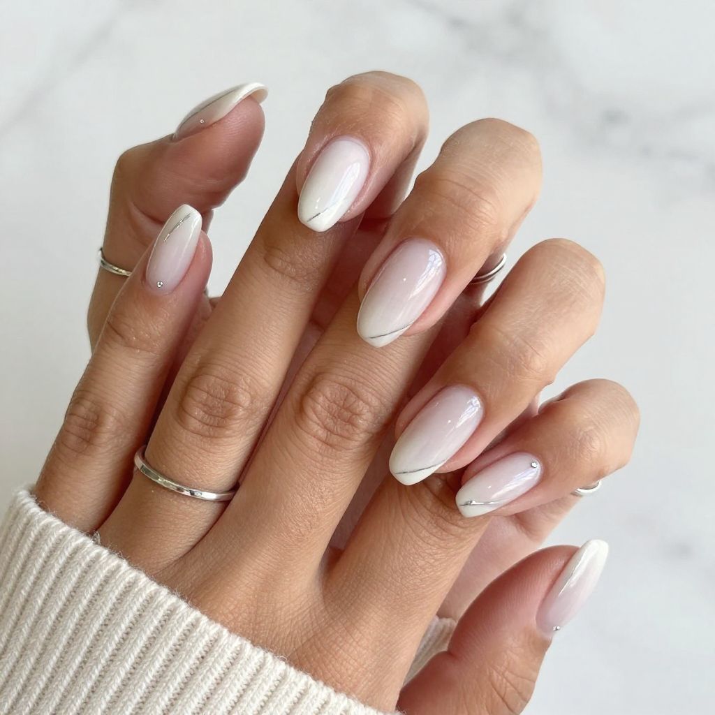 Sheer Milky White Almonds With Minimalist Silver Tips