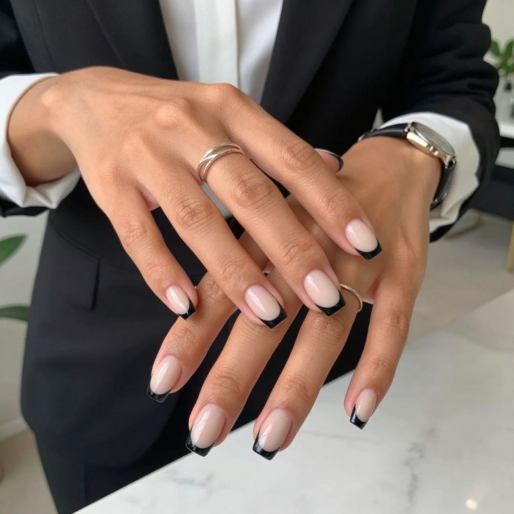 Chic Black Tips on Creamy Base