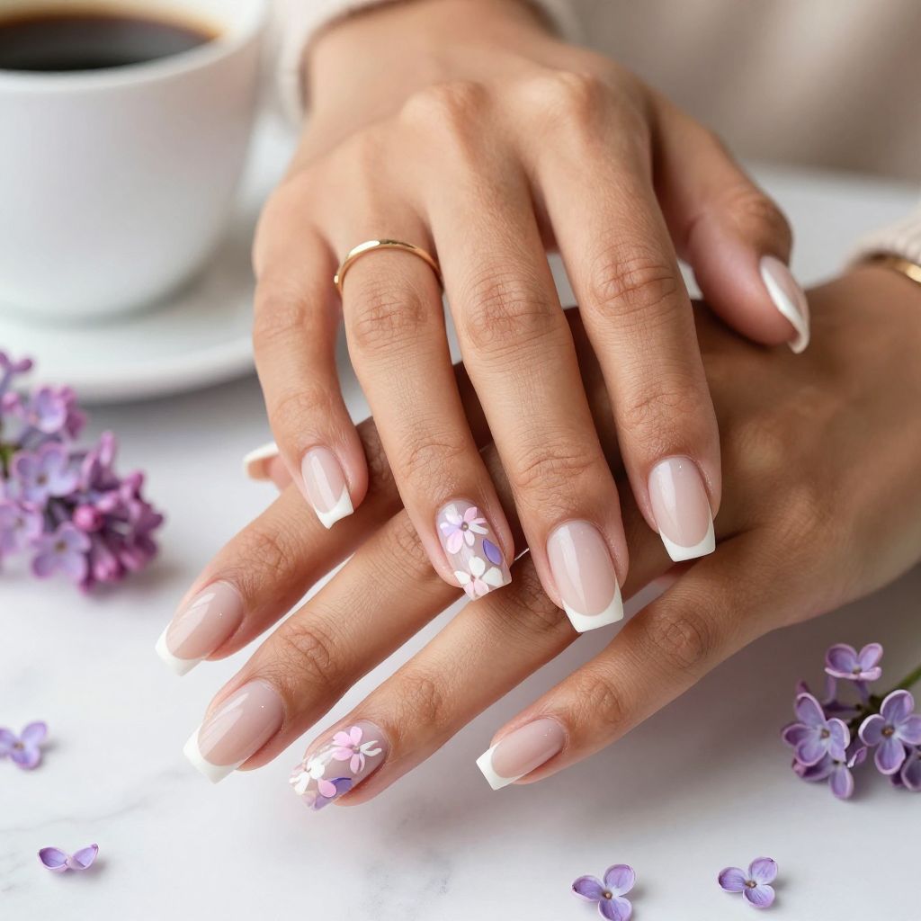French Tips with Floral Hand-Painted Art
