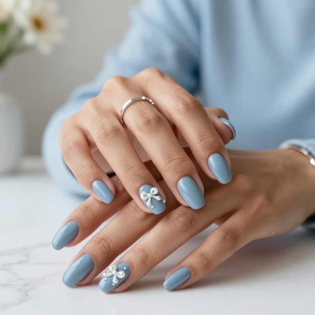Blue Grey with White Pearl Bow Studs