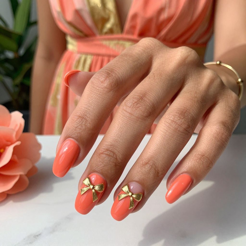 Coral Nails with Gold Foil Bow Embellishments