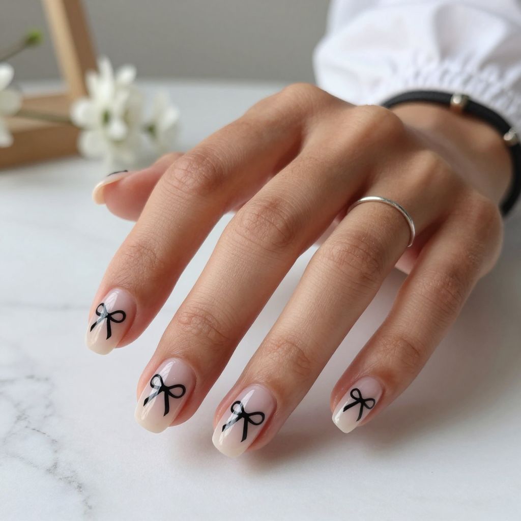 Clear Nails with Floating Black Bow Decals