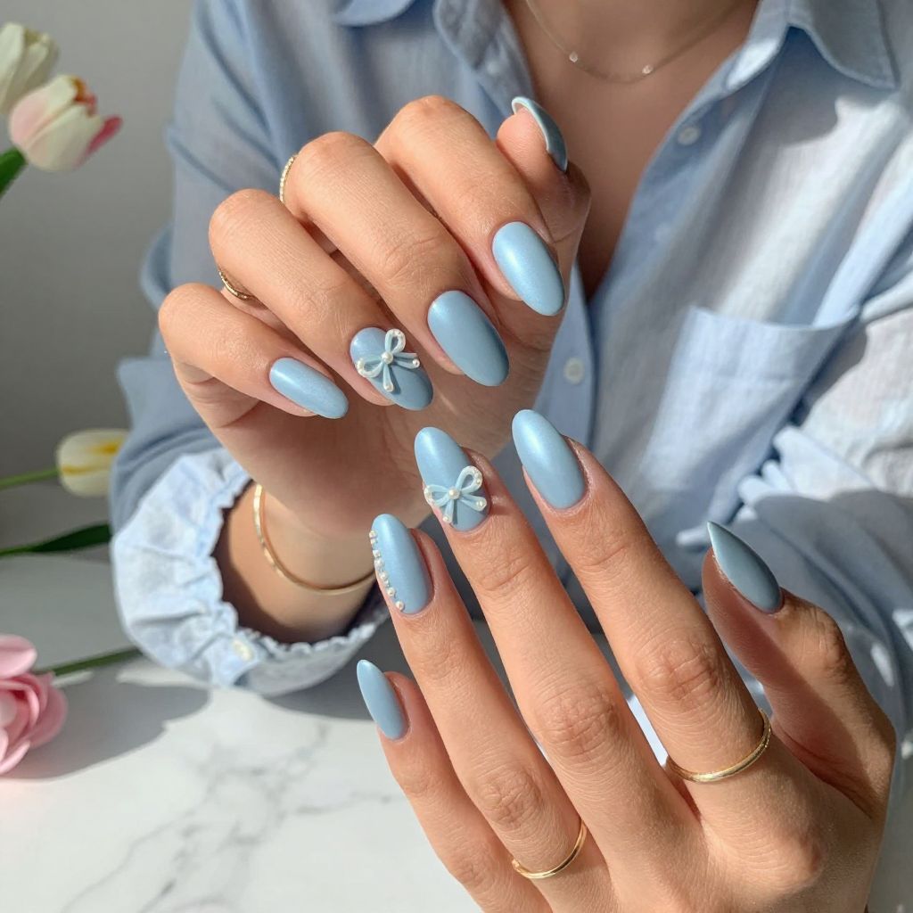 Pastel Blue with Pearl Bow Accents